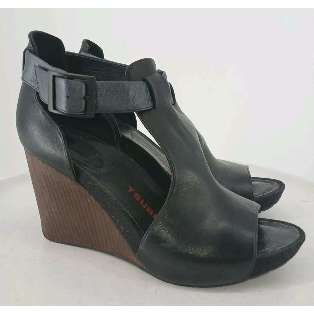 Tsubo Nancie Black Leather Platform Wedge Sandals Shoes Size 9.5   C121